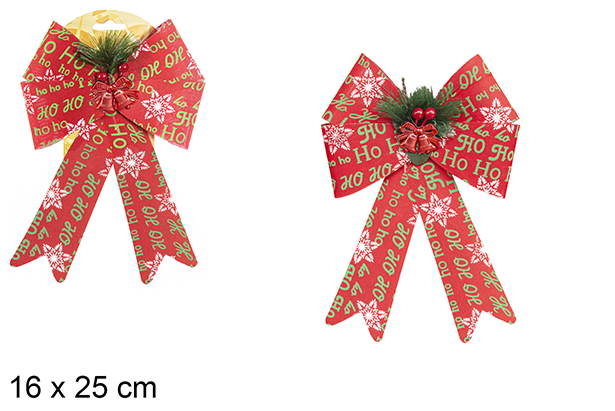 Noeud de Noël rouge décoré d'ananas et clochette 16x25 cm