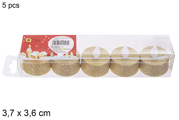 Pack 5 candele da tè a LED glitterate oro 3,7x3,6 cm