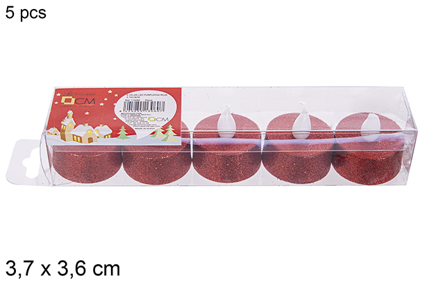 Pack 5 candele da tè a LED glitterate rosse 3,7x3,6 cm