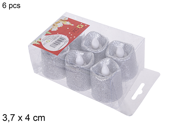 Pack 6 velas LED glitter prata 3,7x4 cm