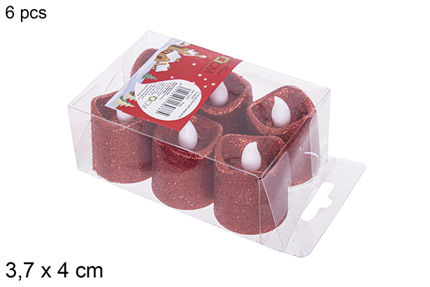 Pack 6 red glitter LED candles 3,7x4 cm