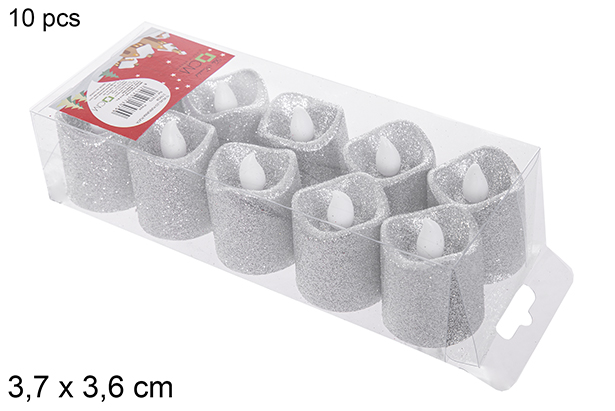 Pack 10 candele LED glitter argento 3,7x3,6 cm