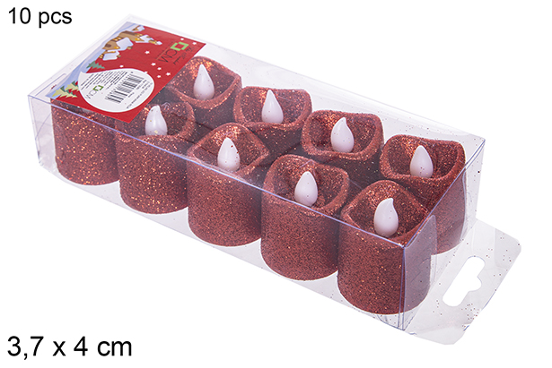 Pack 10 velas LED purpurina roja 3,7x4 cm