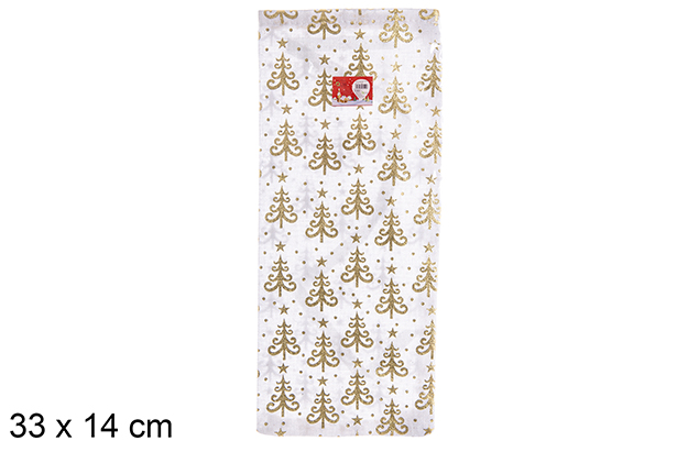 [113114] Saco de tecido dourado decorado com árvore de Natal para garrafa de vinho 33x14 cm