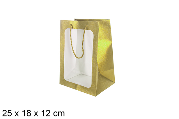 [113763] Saco de presente dourada com janela 25x18 cm