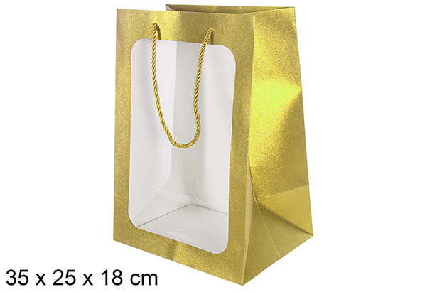 [113769] Saco de presente dourada com janela 35x25 cm