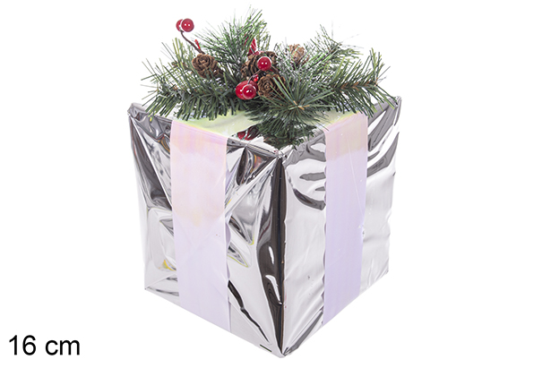 Paquete regalo poliestireno lazo plata 16 cm