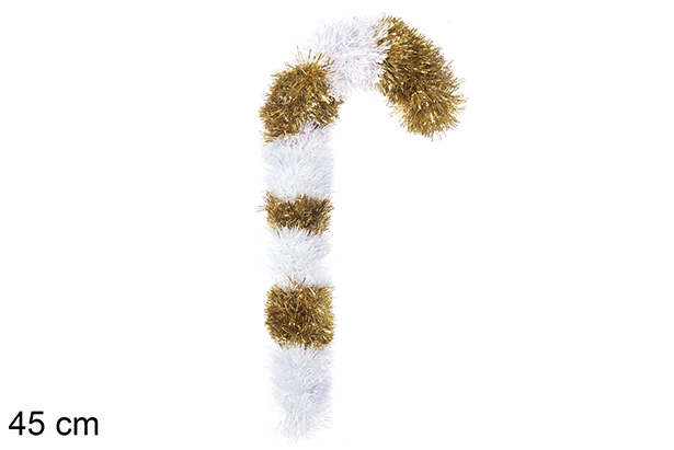 Gold/white tinsel styrofoam cane 45 cm