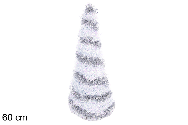 Metal cone tree with silver and white tinsel 60 cm