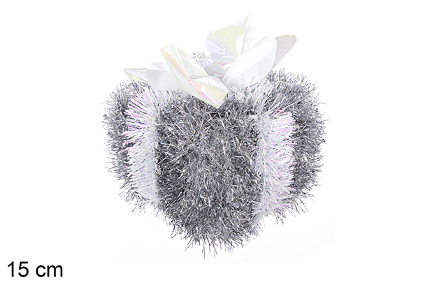 Paquet cadeau en polystyrène décoré de guirlande argentée avec noeud blanc 15 cm