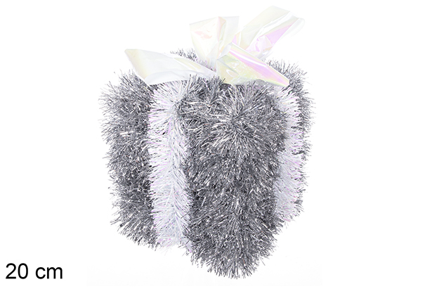 Paquete regalo poliestireno decorado espumillón plata con lazo blanco 20 cm