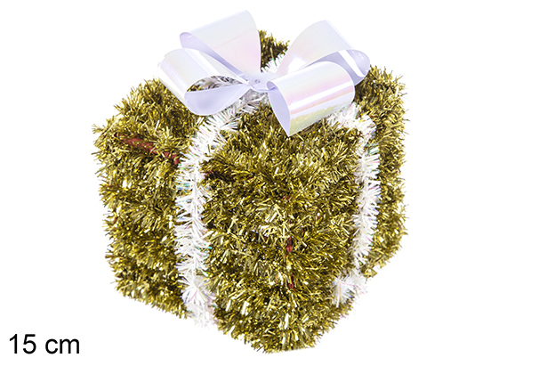 [113658] Confezione regalo in polistirolo decorata con orpelli oro e fiocco bianco 15 cm