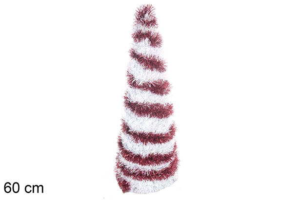 Árbol cónico metal con espumillón rojo y blanco 60 cm