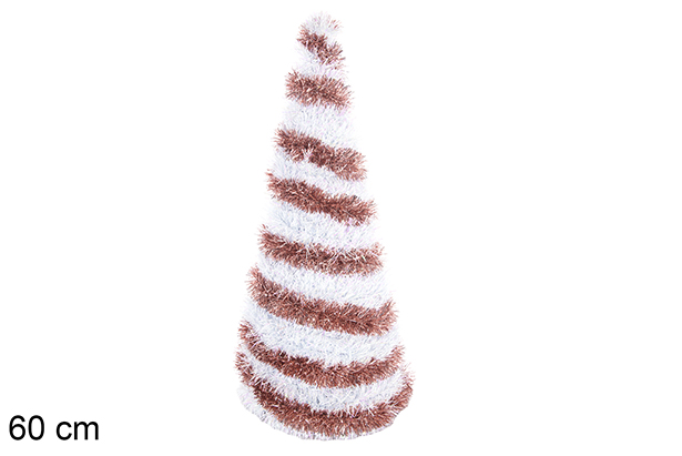 Árbol cónico metal con espumillón rosa y blanco 60 cm