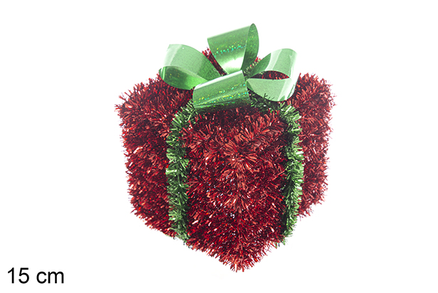 Paquet cadeau en polystyrène décoré de guirlande rouge avec nœud vert 15 cm