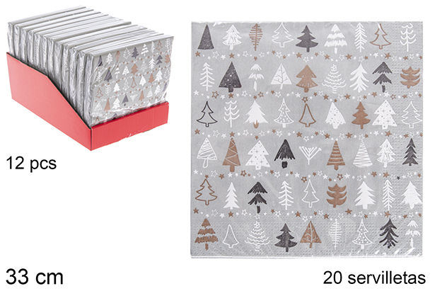 Pack 20 servilletas gris decorada árbol de Navidad 33 cm