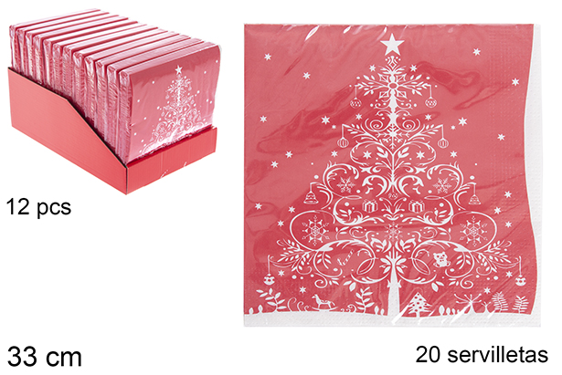 Pack 20 servilletas rojas decoradas árbol de Navidad 33 cm