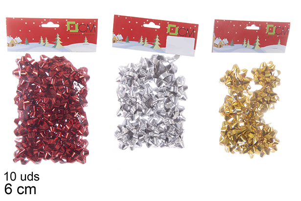Pack 10 lazos regalo oro/plata/rojo en blister 6 cm
