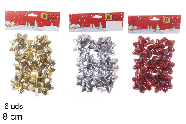 Pack 6 gold/silver/red gift bows 8 cm