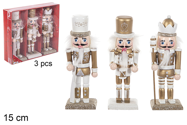 Pack 3 soldat casse-noisette de Noël doré en bois 15 cm 