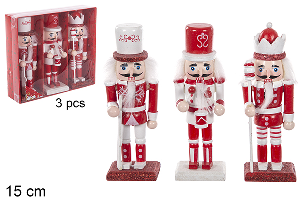 Pack 3 soldat casse-noisette de Noël rouge en bois 15 cm 