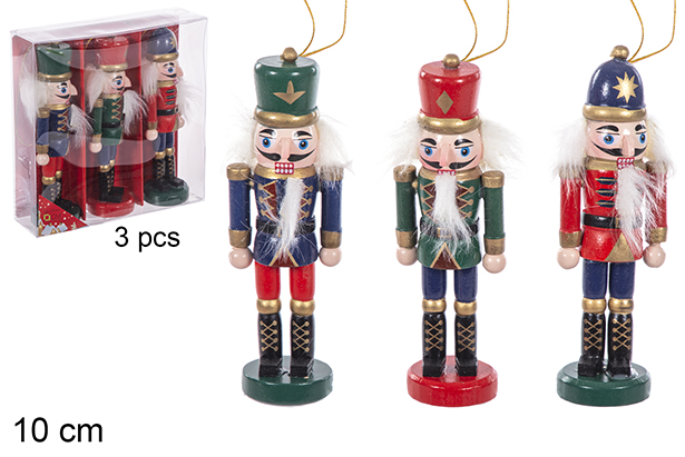 Pack 3 soldato schiaccianoci di Natale in legno colorato assortito 10 cm
