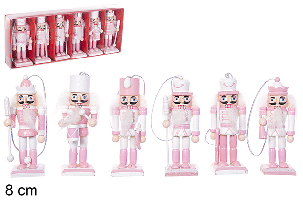 Pack 6 soldats casse-noisettes de Noël roses en bois 8 cm