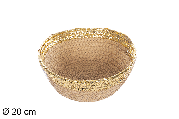 [112357] Cesto rotondo in corda di carta naturale bordo oro 20 cm