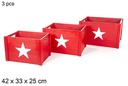 Pack 3 caisses en bois rouge décorées d'étoiles 42x33x25 cm