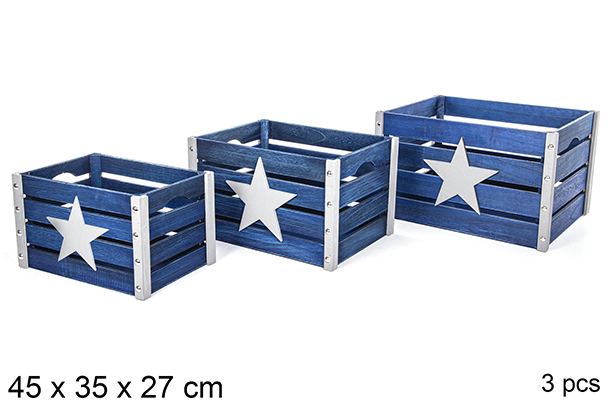 [112366] Pack 3 caixas de madeira azuis decoradas 45x35x27 cm