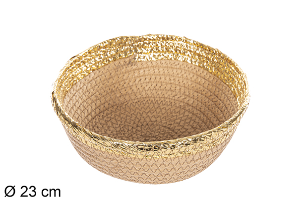 [112369] Panier rond corde papier naturel bord doré 23 cm