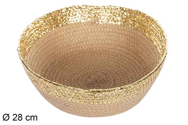 [112372] Panier rond en corde papier naturel bord doré 28 cm