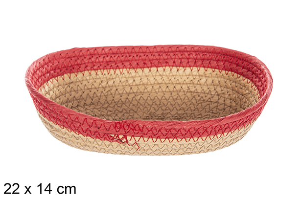 [112387] Cesta oval corda papel natural borda vermelha 22x14 cm