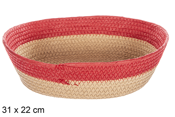 [112398] Panier ovale corde papier naturel bord rouge 31x22 cm