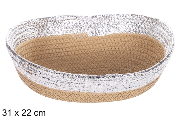 [112400] Cesto ovale in corda di carta naturale bordo argento 31x22 cm