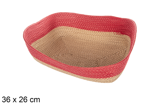 [112401] Cestino rettangolare in corda carta naturale bordo rosso 36x26 cm