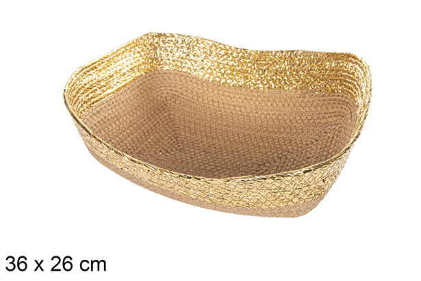[112402] Panier rectangulaire corde papier naturel bord doré 36x26 cm