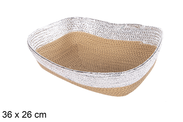 [112403] Cesto rettangolare in corda carta naturale bordo argento 36x26 cm