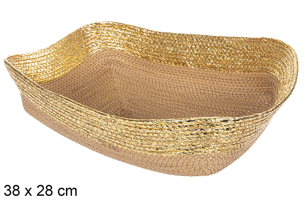 [112405] Cesto rettangolare in corda di carta naturale bordo oro 38x28 cm