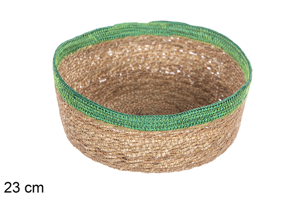[113283] Round seagrass and green jute basket 23 cm