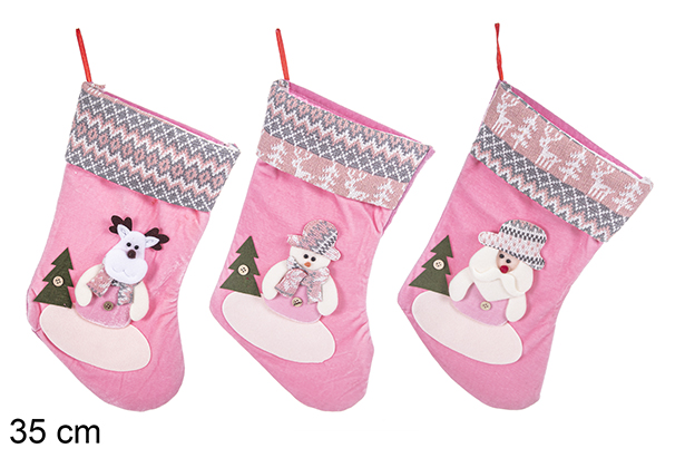 [113378] Meia de Natal rosa decorada sortida 35 cm