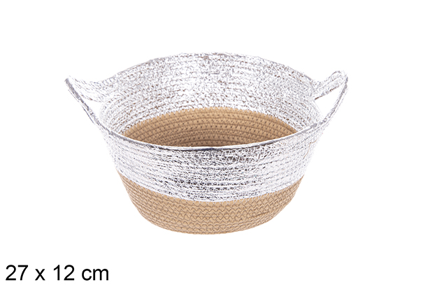 [114086] Cesto de corda de papel natural/prateado com alça 27x12 cm