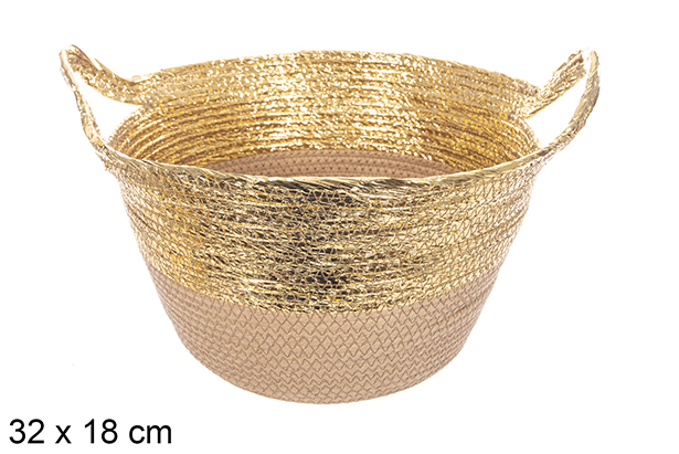[114098] Panier en corde de papier naturel/doré avec poignée 32x18 cm