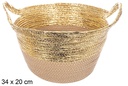 Cesto de corda de papel natural/dourado com alça 34x20 cm