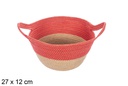 Cesta cuerda papel natural/rojo con asa 27x12 cm
