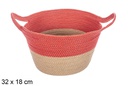 Cesta cuerda papel natural/rojo con asa 32x18 cm