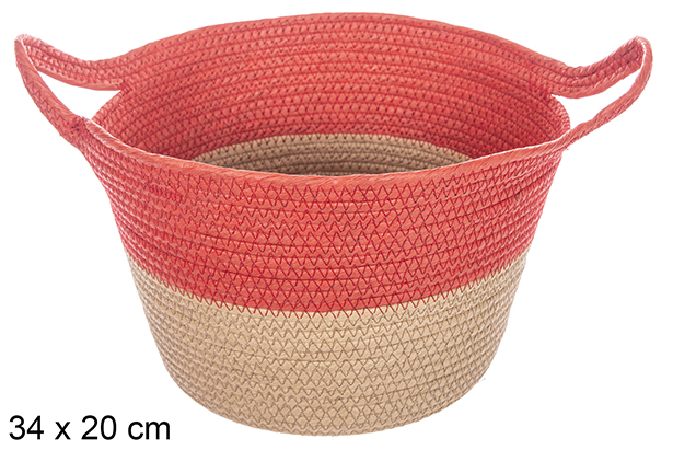 Corbeille en corde de papier naturel/rouge avec poignée 34x20 cm