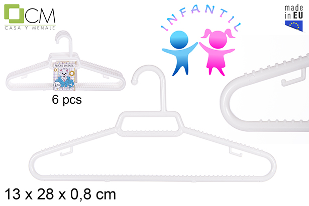 Pack 6 cabides de plástico branco infantil
