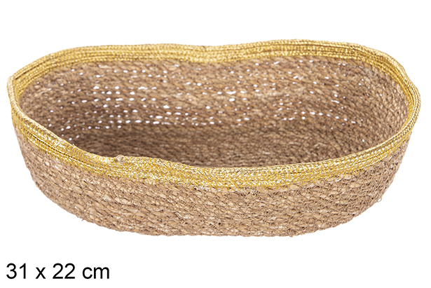 Oval seagrass and jute gold basket 31x22 cm