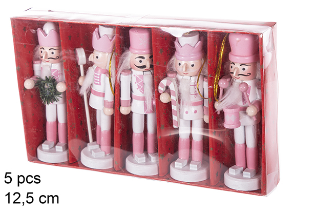 [114126] Pack 5 cascanueces Navidad de madera color rosa 12,5 cm